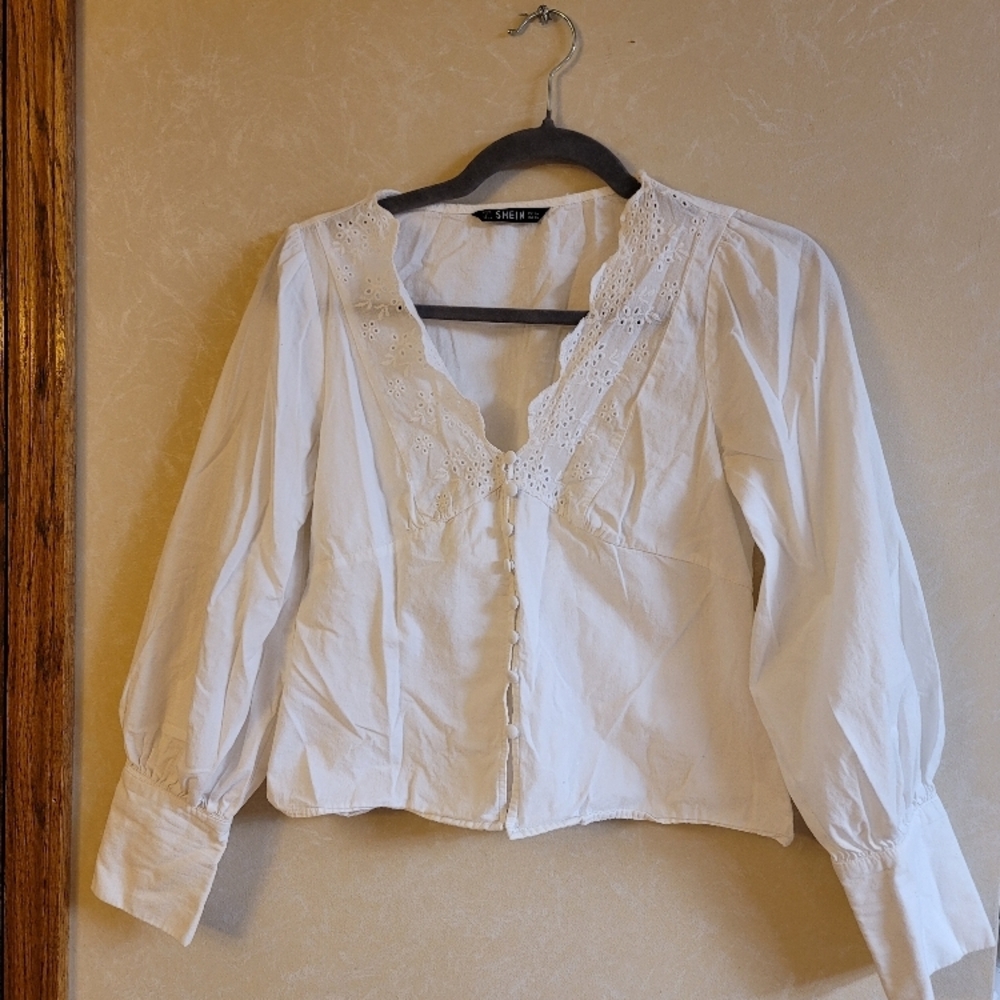 Shein XS V Neck White Lace Trim Long Sleeve Button Down Blouse cotton